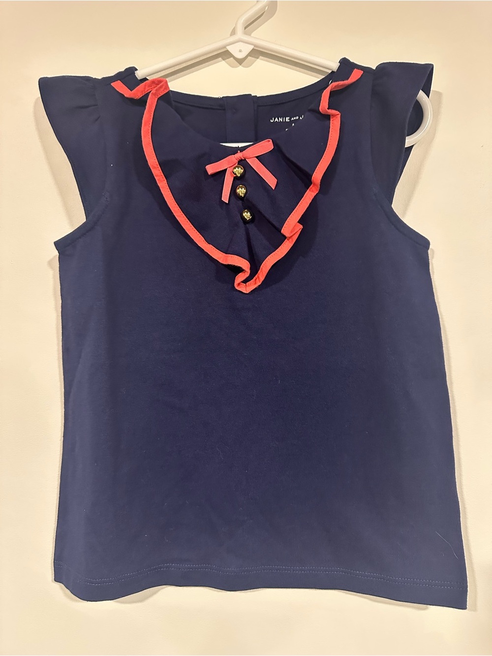 NWT Janie and Jack Navy Flutter Sleeve Top Coral Trim Bow Girls Sz 5